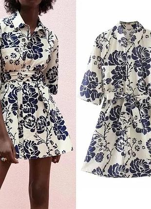 Zara сукня сорочка коротка в квітковий принт з поясом