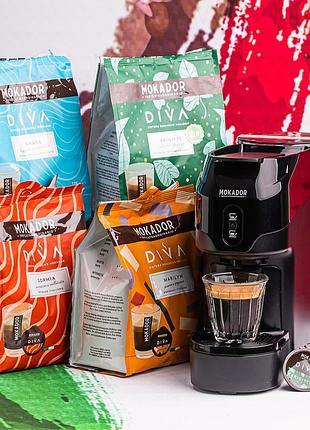 Подарунковий набір mokador coffee welcome set: кавомашина mokador diva d1 та 100 міксів кави