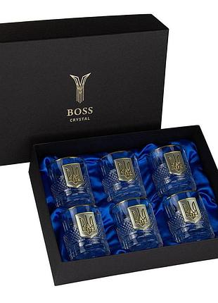 Набір келихів для віскі «тризуб» boss crystal, 6 келихів, срібло, золото, кришталь, захисний лак