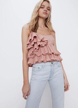 Блуза zara m нежно-розовая плиссированная с рюшами топ на бретелях