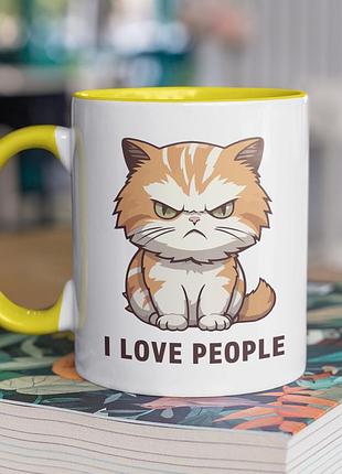 Чашка керамічна з принтом "i love people" 330 мл, біла з жовтою ручкою