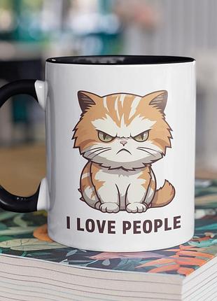 Чашка керамічна з принтом "i love people" 330 мл, біла з чорною ручкою