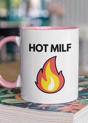 Чашка керамічна з принтом "hot milf" 330 мл, біла з рожевою ручкою
