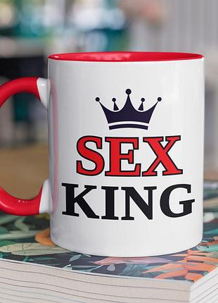 Чашка керамічна з принтом "sex king" 330 мл, біла з червоною ручкою