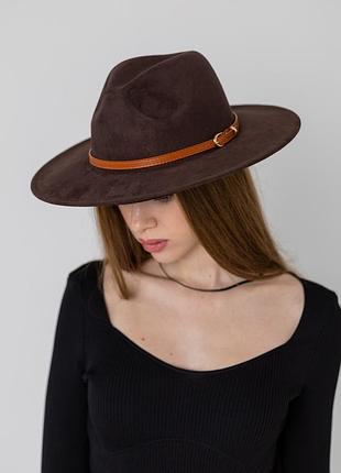 Капелюх федора унісекс з широкими полями 8 см замшевий suede коричневий