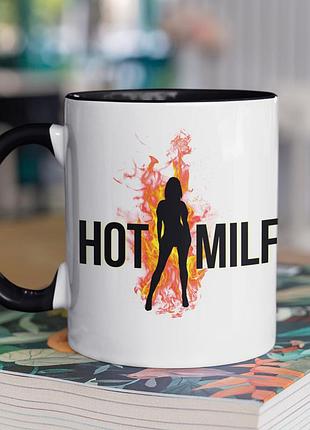 Чашка керамічна з принтом "hot milf" 330 мл, біла з чорною ручкою