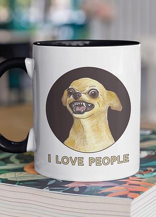 Чашка керамічна з принтом "i love people" 330 мл, біла з чорною ручкою
