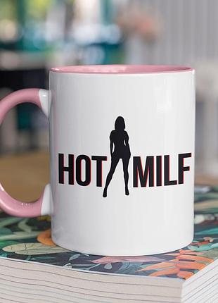 Чашка керамічна з принтом "hot milf" 330 мл, біла з рожевою ручкою