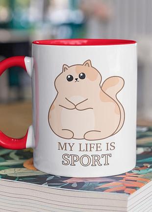 Чашка керамічна з принтом "my life is sport" 330 мл, біла з червоною ручкою