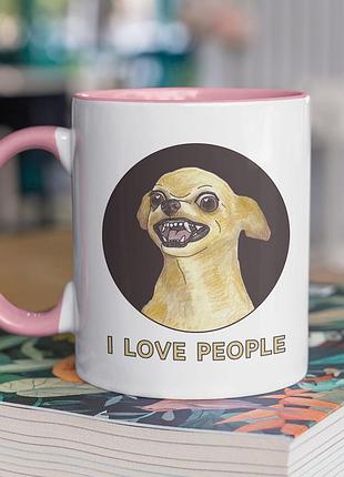 Чашка керамічна з принтом "i love people" 330 мл, біла з рожевою ручкою