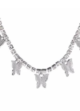 Эффектный чокер колье ожерелье кристалы бабочки серебро3 фото