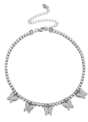 Эффектный чокер колье ожерелье кристалы бабочки серебро2 фото