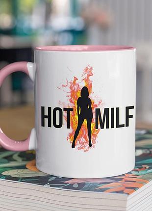 Чашка керамічна з принтом "hot milf" 330 мл, біла з рожевою ручкою