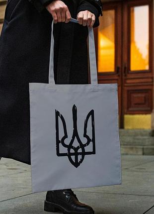 Сумка шопер із принтом "герб україни" сіра