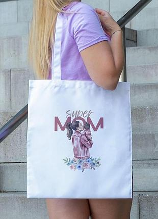 Сумка шопер із принтом "super mom" біла