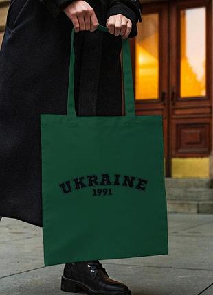Сумка шопер із принтом "ukraine 1991" темно-зелена