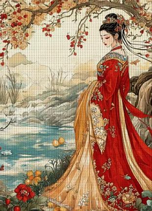 Набор для вышивания по нанесённой на канву схеме "japanese girl in a red dress".aida 14ct printed, 30*30 см