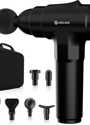 Вибрационный портативный массажер aerlang em13, 20 скоростей, 6 насадок и чехол black
