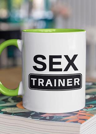 Чашка керамічна з принтом "sex trainer" 330 мл, біла з зеленою ручкою