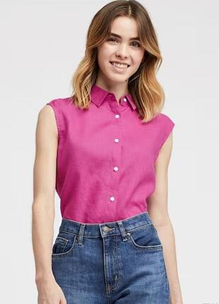 Льняная блузка с воротником на пуговицах ✨ uniqlo ✨ блуза рубашка без рукавов лён