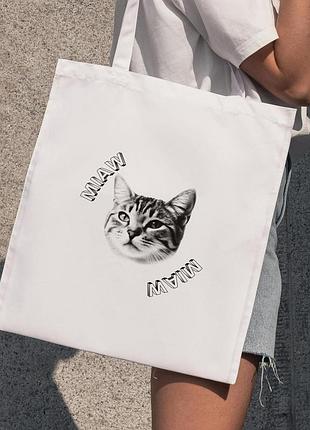 Сумка шопер із принтом "miaw" біла