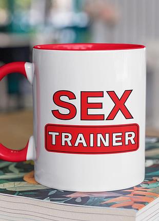 Чашка керамічна з принтом "sex trainer" 330 мл, біла з червоною ручкою