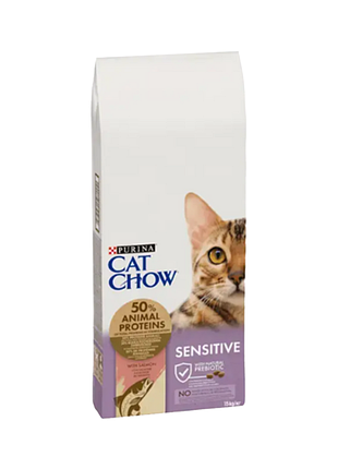 Cat chow sensetive повнораціонний корм для дорослих котів із чутливою шкірою та травленням, з лососем 15кг