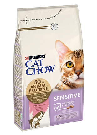 Cat chow sensetive корм для взрослых котов с чувствительной кожей и пищеварением, с лососем 1,5кг