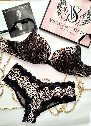Victoria's secret 75a 34a s 36 леопардовий набір трусики бюстральтер push up