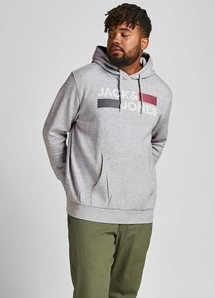 Толстовка jjecorp logo sweat hood noos ps 12163777-light grey melange-print:play jackandamp;jones plus 12163777-light grey melan xxxl