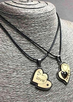 Парні кулони серце "love" сріблястий метал, дерево 38х26мм + - l-45-50см