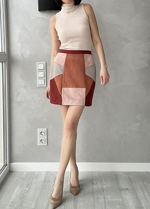 Міні спідниця жіноча триколірна під замш коротка юбка мини под замш