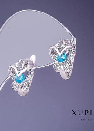 Серьги xuping 14х11мм родий с бирюзовыми кристаллами
