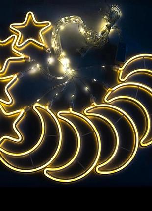 Гірлянда штора від мережі 3 м луна та зірки 9 шт. copper curtain ball lamp xmas 9ww-1, теплий білий