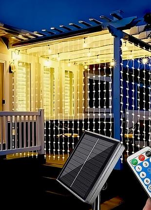Гірлянда на сонячній батареї штора 3х2м,180led + пульт, теплий білий