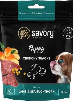 Хрустящее лакомство savory для щенков для здорового роста ягненка и облепиха 200 гр.