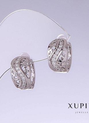 Серьги xuping с белыми стазами l-15мм s-10мм родий