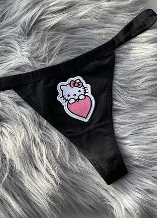 Трусики труси стринги стрінги чорні з хелоу кіті hello kitty вишивка