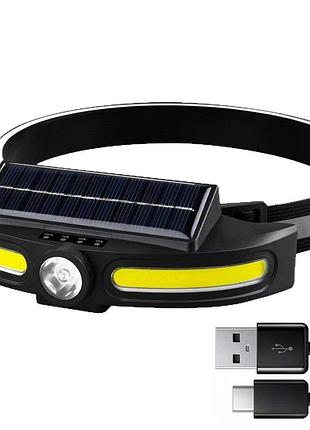 Налобный фонарик с солнечной панелью, от usb, 4 режима, js-921