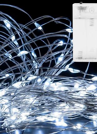 Светодиодная гирлянда на батарейках 8м 100led, капля росы, холодный белый