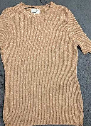 Сияющая трикотажная кофта футболка h&amp;m с коротким рукавом золотистого цвета размер s
