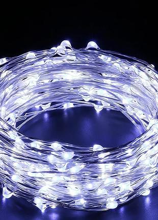 Гирлянда роса на батарейках и от usb, 10м, 100led, xmas, холодный свет
