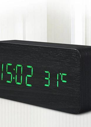 Часы с зеленой led подсветкой и датчиком температуры в виде деревянного бруска vst-862-5 ярко-зеленый