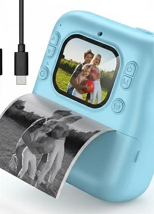 Фотоаппарат мгновенной печати + 1 термобумага, от usb, голубой
