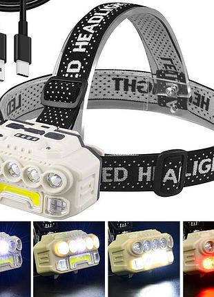 Налобний ліхтар акумуляторний cob+5led, сенсорне ввімкнення, hx 817