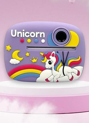 Детский фотоаппарат с моментальной печатью фото, usb, единорог фиолетовый