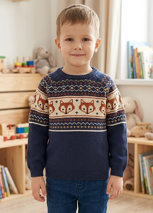 Стильный синий свитер с лисичками мальчишки 4-5 лет