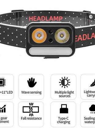 Легкий ліхтарик на голову 2069-xpg+xpg+5smd motion sensor, потужний тактичний ліхтар світлодіодний bc-80