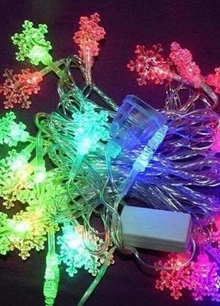 Светодиодная led гирлянда снежинки 3 метра на батарейках – праздничное украшение мульти (1ящ.=200шт.)