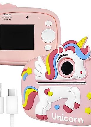 Детский фотоаппарат с моментальной печатью фото, usb, единорог розовый с крыльями